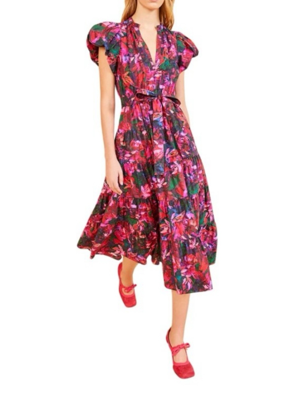 Ulla Johnson Multi-Color Floral Puff-Sleeve Midi Dress